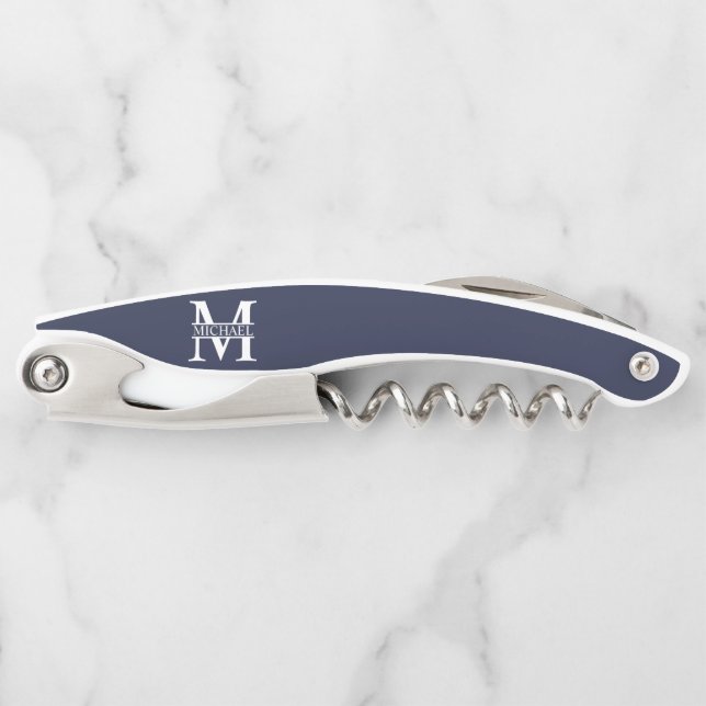 Navy Blue Personalized Monogram and Name Waiter's Corkscrew (Front)