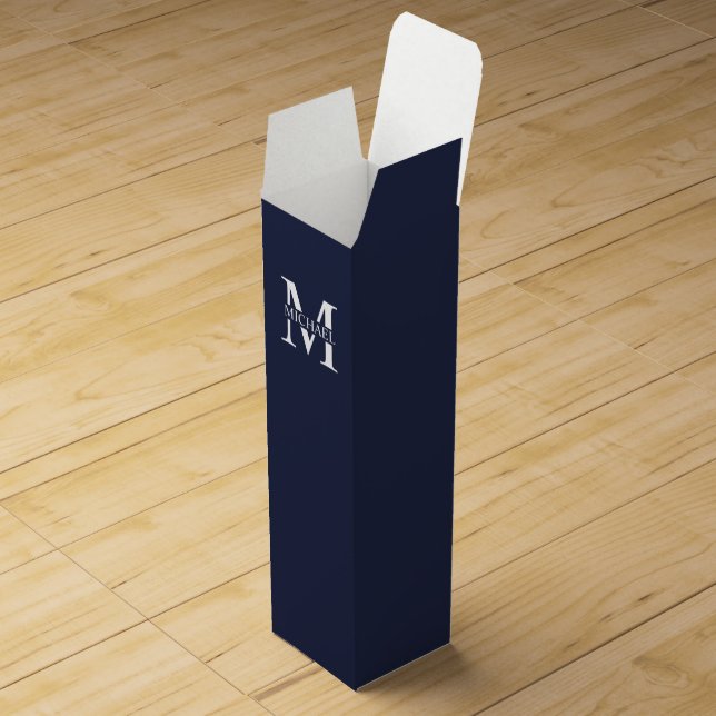 Navy Blue Personalized Monogram and Name Wine Box (Opened)