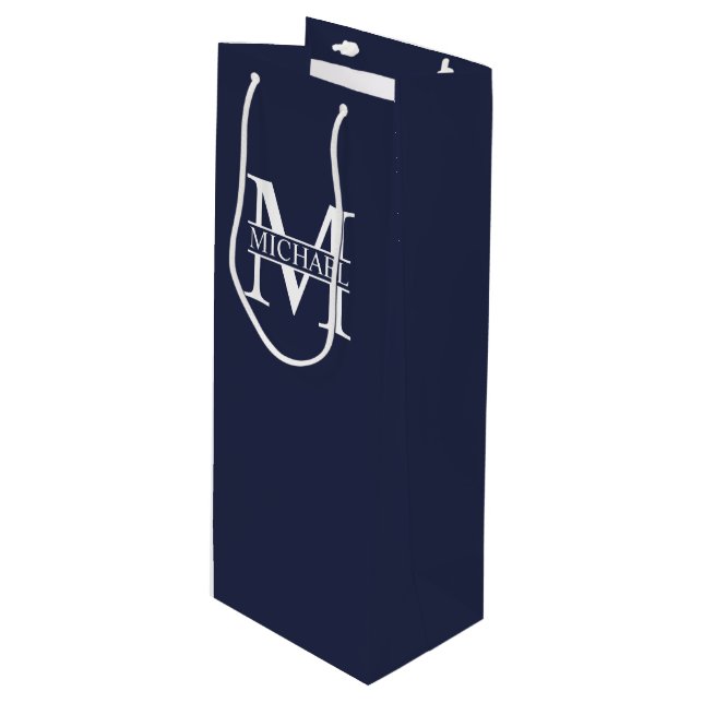 Navy Blue Personalized Monogram and Name Wine Gift Bag (Front Angled)