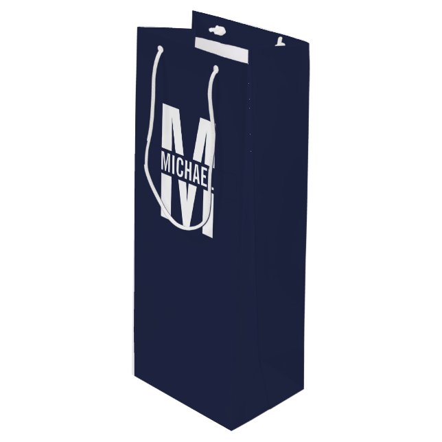 Navy Blue Personalized Monogram and Name Wine Gift Bag (Front Angled)