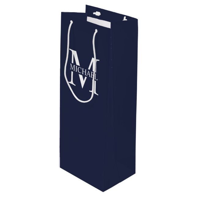 Navy Blue Personalized Monogram and Name Wine Gift Bag (Front Angled)