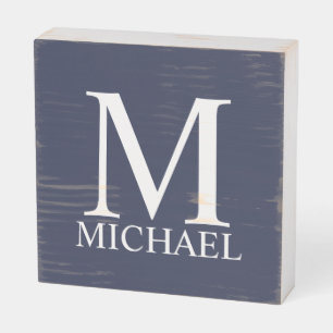 Navy Blue Personalized Monogram and Name Wooden Box Sign