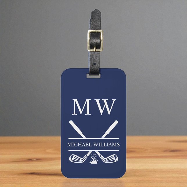 Navy Blue Personalized Monogram Golf Clubs Luggage Tag (Creator Uploaded)