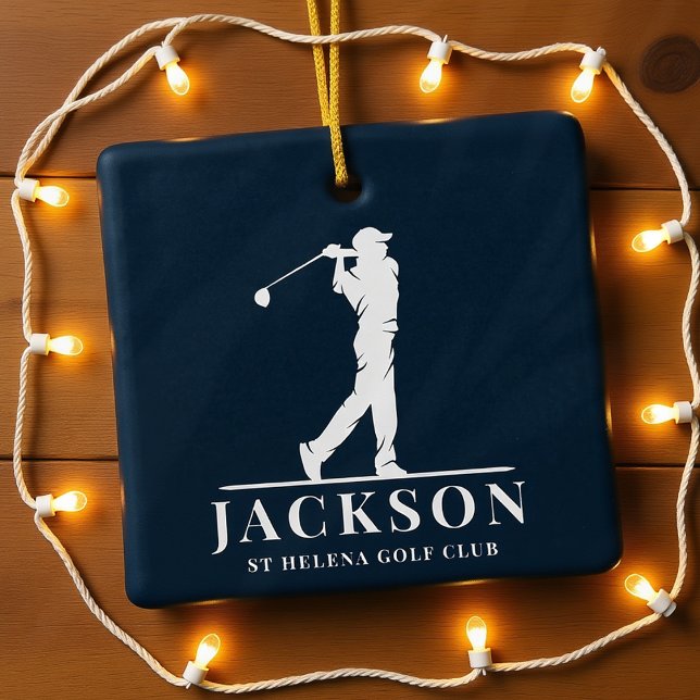 Navy Blue Personalized Monogram Golf Swing Ceramic Ornament (Creator Uploaded)
