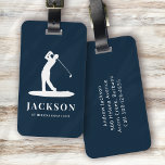 Navy Blue Personalized Monogram Golfer Logo Luggage Tag<br><div class="desc">This design features a golfer swinging a club and has two text fields that you can use to personalize it - perhaps with a name and golf team or club.</div>