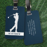 Navy Blue Personalized Monogram Golfer Luggage Tag<br><div class="desc">🏌🏻⛳️This design features a golfer swinging a club and has two text fields that you can use to personalize it - perhaps with a name and golf team or club.</div>