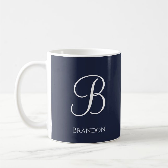 Navy Blue Personalized Name and Monogram Coffee Mug (Left)