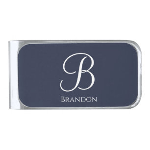 Navy Blue Personalized Name and Monogram Silver Finish Money Clip