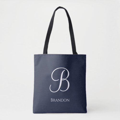Navy Blue Personalized Name and Monogram Tote Bag