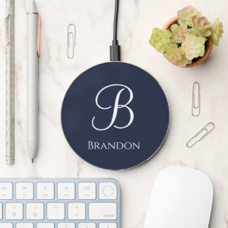 Navy Blue Personalized Name and Monogram Wireless Charger