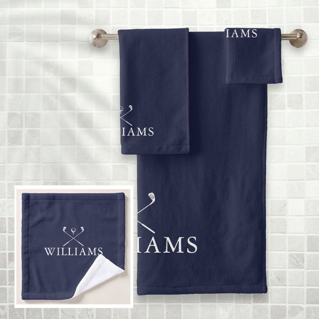 Navy Blue Personalized Name Golf Clubs Bath Towel Set (Creator Uploaded)