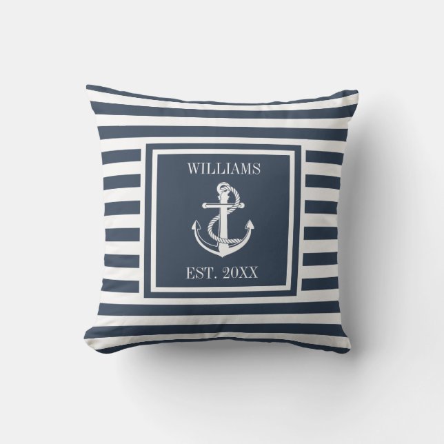 Navy Blue Personalized Name Stripe Nautical Anchor Outdoor Pillow (Front)