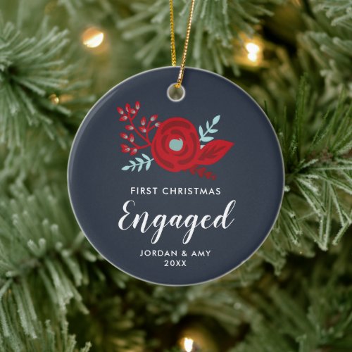 Navy Blue Personalized Red Floral Engagement Gift Ceramic Ornament
