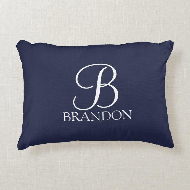 Navy Blue Personalized Script Monogram and Name Accent Pillow (Front)