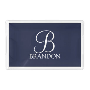 Navy Blue Personalized Script Monogram and Name Acrylic Tray