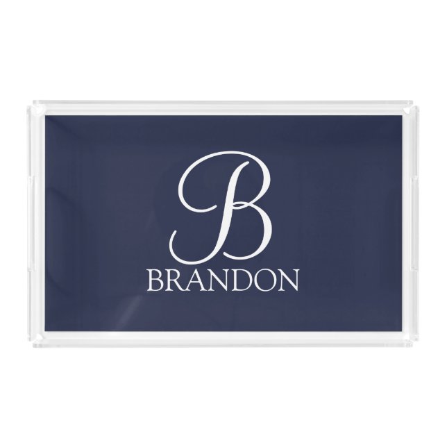 Navy Blue Personalized Script Monogram and Name Acrylic Tray (Front)
