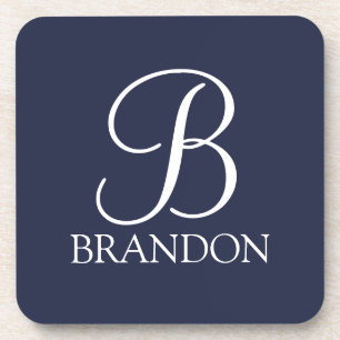Navy Blue Personalized Script Monogram and Name Beverage Coaster