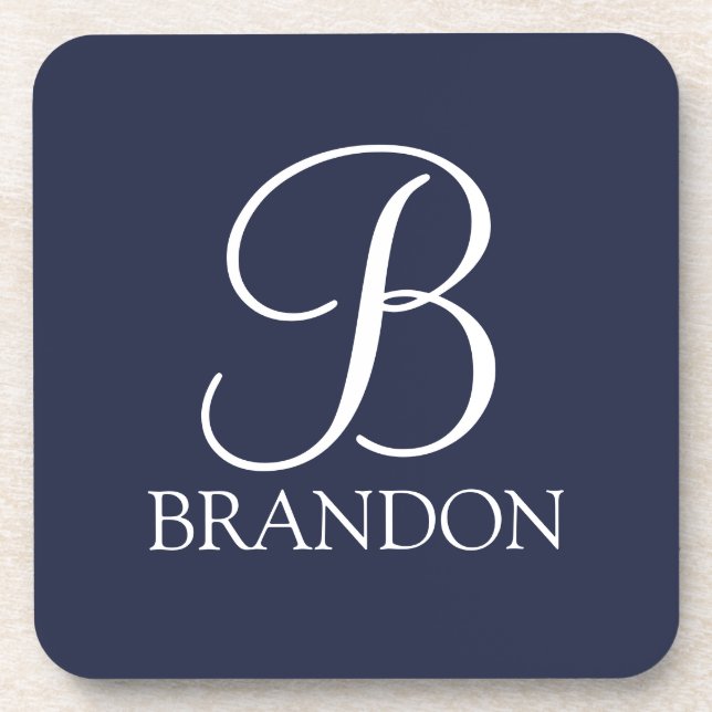 Navy Blue Personalized Script Monogram and Name Beverage Coaster (Front)