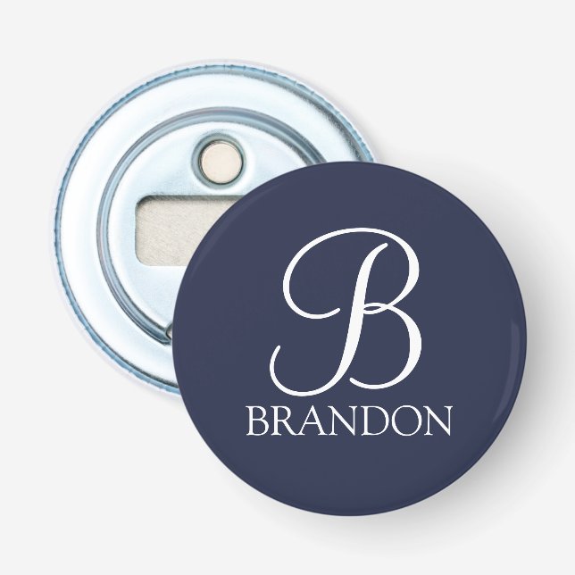 Navy Blue Personalized Script Monogram and Name Bottle Opener (Front)