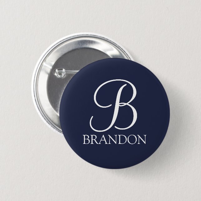 Navy Blue Personalized Script Monogram and Name Button (Front & Back)