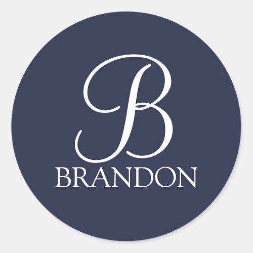 Navy Blue Personalized Script Monogram and Name Classic Round Sticker