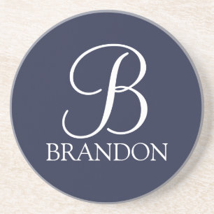 Navy Blue Personalized Script Monogram and Name Coaster