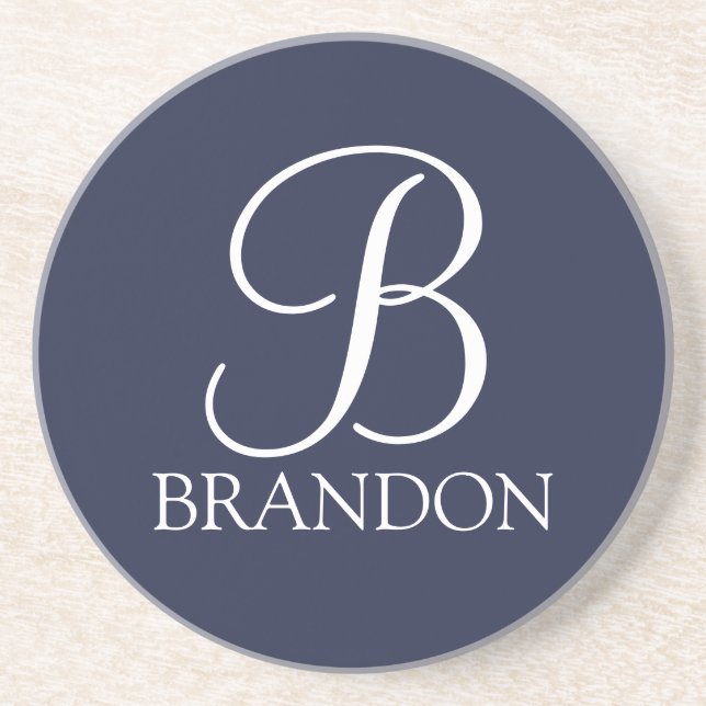 Navy Blue Personalized Script Monogram and Name Coaster (Front)