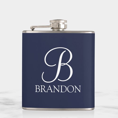 Navy Blue Personalized Script Monogram and Name Flask