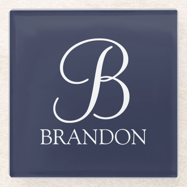 Navy Blue Personalized Script Monogram and Name Glass Coaster (Front)
