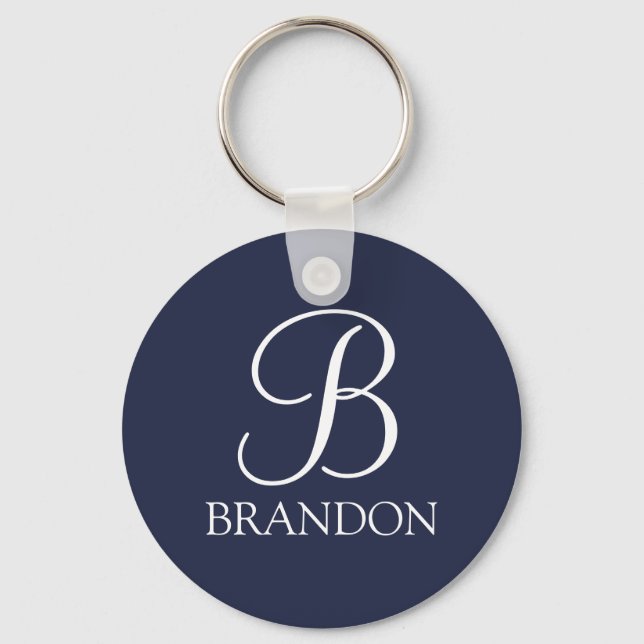 Navy Blue Personalized Script Monogram and Name Keychain (Front)