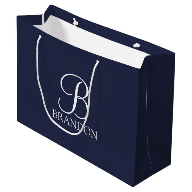 Navy Blue Personalized Script Monogram and Name Large Gift Bag (Front Angled)