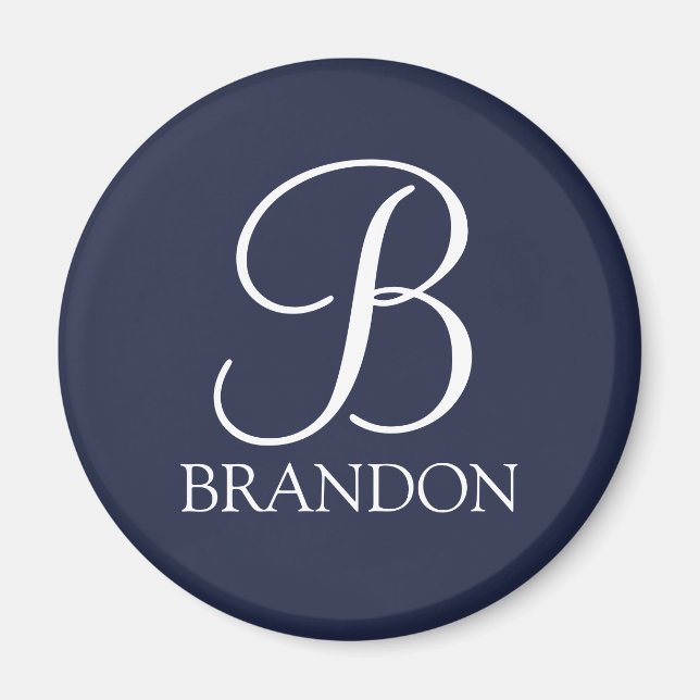 Navy Blue Personalized Script Monogram and Name Magnet (Front)