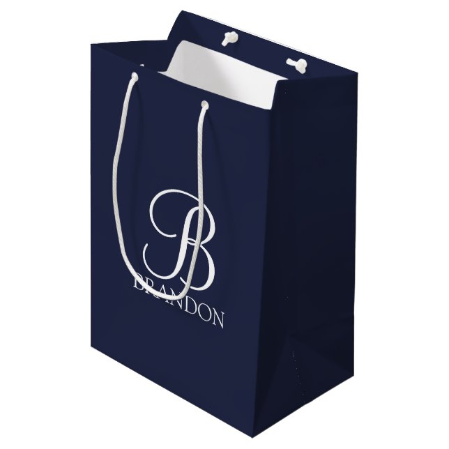 Navy Blue Personalized Script Monogram and Name Medium Gift Bag (Front Angled)