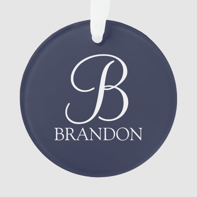 Navy Blue Personalized Script Monogram and Name Ornament (Front)