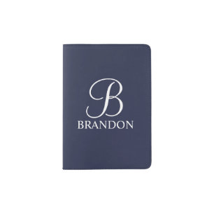 Navy Blue Personalized Script Monogram and Name Passport Holder