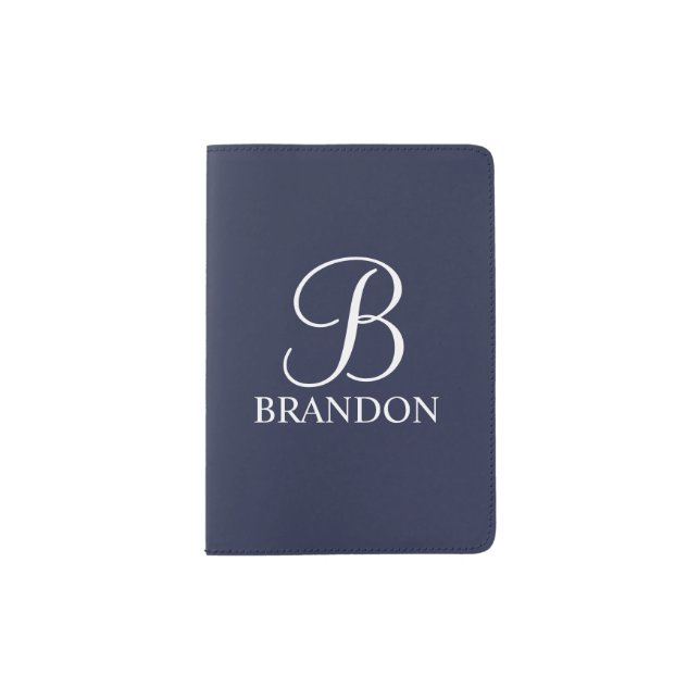 Navy Blue Personalized Script Monogram and Name Passport Holder (Front)