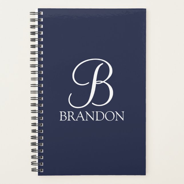 Navy Blue Personalized Script Monogram and Name Planner (Front)