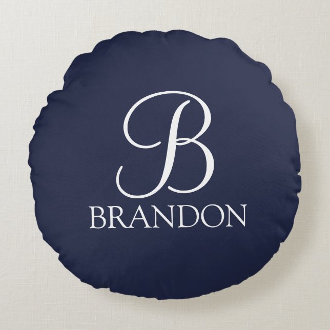 Navy Blue Personalized Script Monogram and Name Round Pillow (Front)
