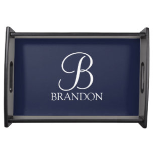 Navy Blue Personalized Script Monogram and Name Serving Tray