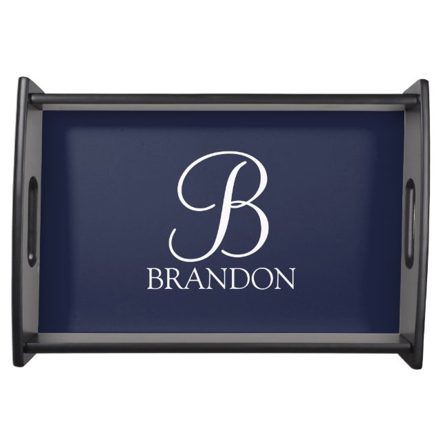 Navy Blue Personalized Script Monogram and Name Serving Tray (Front)