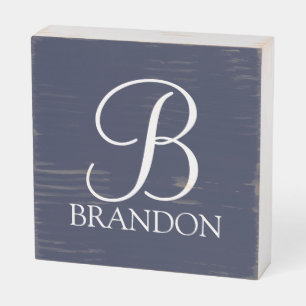 Navy Blue Personalized Script Monogram and Name Wooden Box Sign