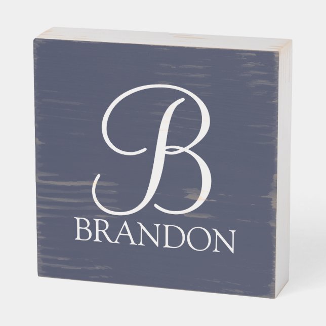 Navy Blue Personalized Script Monogram and Name Wooden Box Sign (Angled Horizontal)