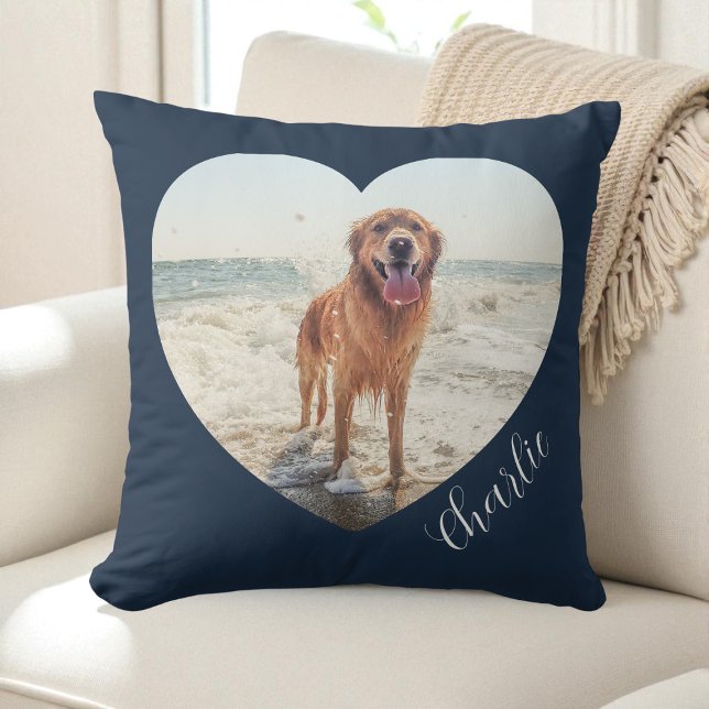 Navy Blue Pet Heart Photo Script Personalized Dog Throw Pillow (Navy Blue Pet Heart Photo Script Personalized Dog Throw Pillow)