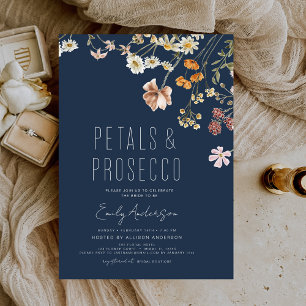 Navy Blue Petals & Prosecco Bridal Shower Invitation