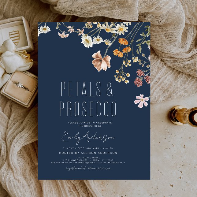 Navy Blue Petals & Prosecco Bridal Shower  Invitation (Creator Uploaded)