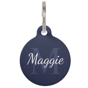 Navy Blue Pet's Name and Monogram with QR code Pet ID Tag