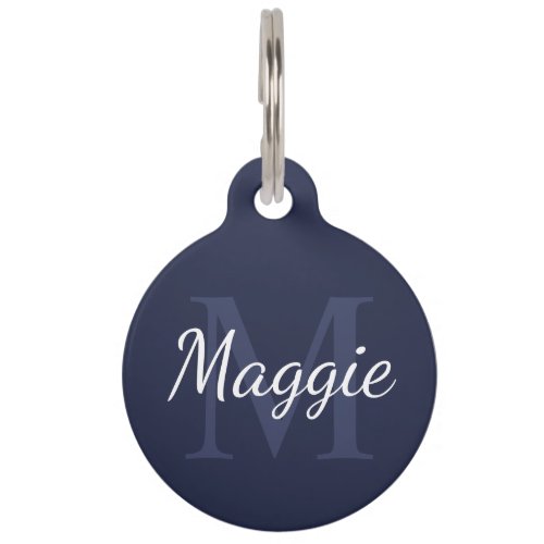 Navy Blue Pets Name and Monogram with QR code Pet ID Tag