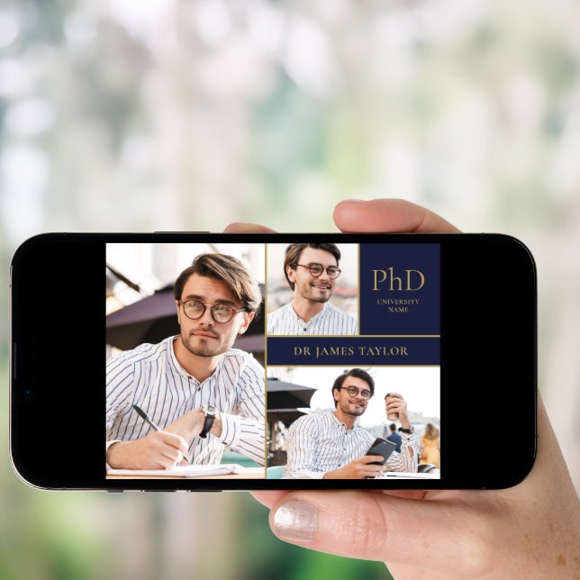 Navy Blue PhD Degree 3 Photo Graduation Party Invitation (Front Digital)