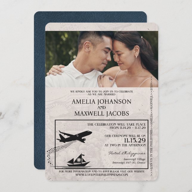 Navy Blue Philippines Passport Wedding Invitation (Front/Back)