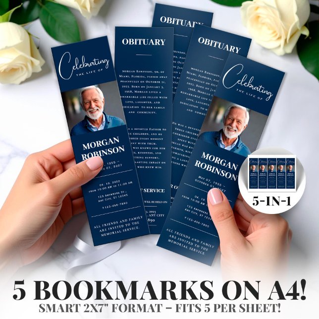 Navy Blue Photo 2x7" DIY Funeral Bookmark Template (Celebration of Life,Obituary,Photo  Nevy Blue Foto 2x7" DIY Funeral Bookmark Template)